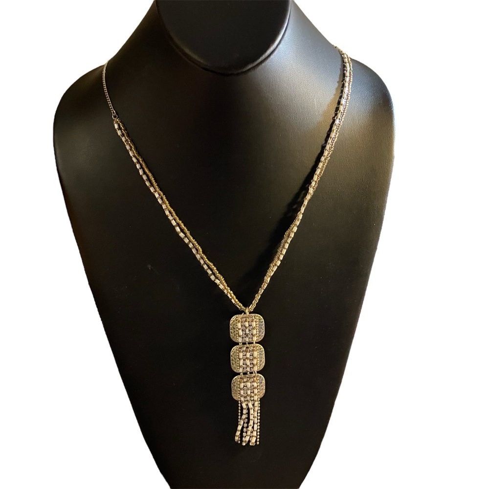 Premier Designs Bodega Bay White Seed Bead Gold Tone Tassel Necklace 30-34”